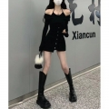 Faux two-piece sexy black suspender dress for women, 2025 autumn new style, pure and sexy, slim and flattering, bodycon.