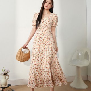 2025 New Seaside Resort Style Square Neck Puff Sleeve Dress Summer Women's Clothing Plus Size Slimming Floral Print