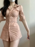 Pleated collar sexy shirt dress for women, niche hot girl waist-cinching dress, pure and sexy Korean mature woman design with a slim fit.