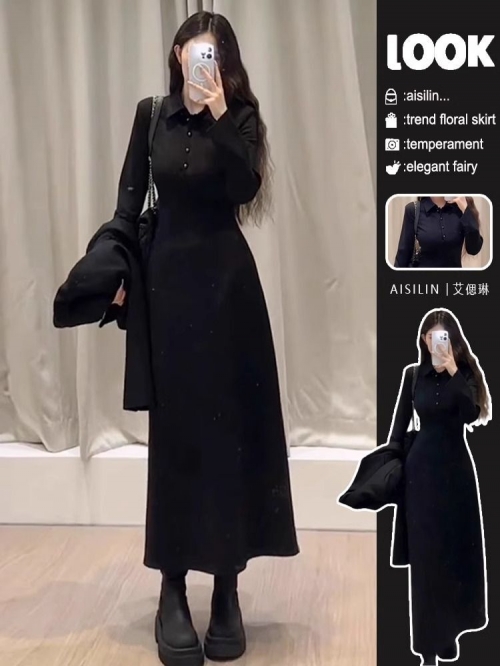 French-style black long-sleeved shirt dress, sophisticated and elegant, slim-fitting, bodycon long skirt.