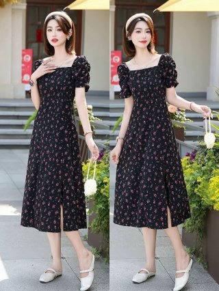 2025 New Summer Puff Sleeve Floral Chiffon Dress with Studded Square Neck, Women's Slim Fit, Petite and Elegant Style
