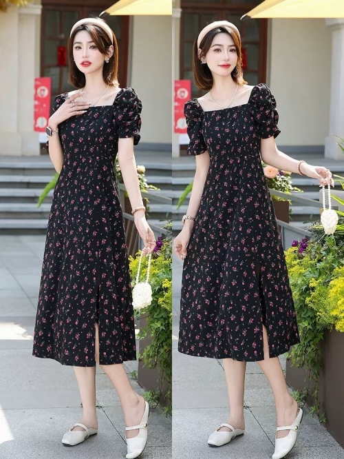 2025 New Summer Puff Sleeve Floral Chiffon Dress with Studded Square Neck, Women's Slim Fit, Petite and Elegant Style