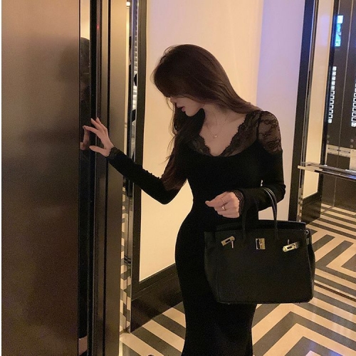 Women's Bodycon Fishtail Dress, Early Autumn High-End Elegant Slim Fit Long Dress, 2025 New Style, V-neck Lace