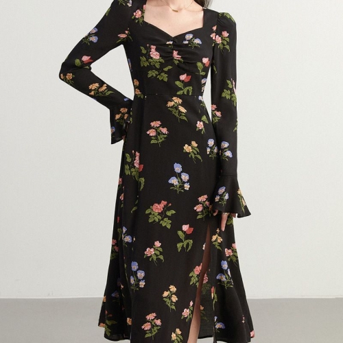 2025 New Spring and Autumn Plus Size Women's Midi Dress, French Retro Style, Beautiful Waist-cinching Side Slit Dress