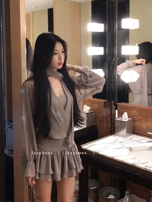 Simple and elegant women's summer 2025 new style V-neck ribbon long sleeve waist-cinching shirt dress chiffon short Simple and elegant women's summer 2025 new style V-neck ribbon long sleeve waist-cinching shirt dress chiffon short