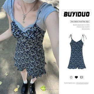 French-style sexy floral print sundress for women, new summer 2024 style, slimming and petite short skirt