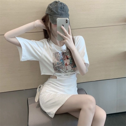 A-line sexy short-sleeved T-shirt dress, women's short skirt, summer top, mid-length dress, half skirt, hip-hugging