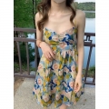Women's summer slip dress, Thai floral print, petite design, unique French style, fitted waist, slimming and elegant.