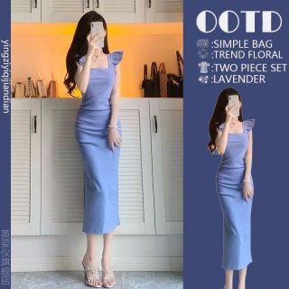 French-style petite flutter sleeve slit skirt, new summer style, pure and sexy, slimming bodycon long dress for women.
