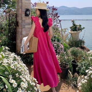 Neon pink sleeveless loose dress, flattering long dress, gentle style, tea break dress, bellflower color dress, dragon fruit color dress Neon pink sleeveless loose dress, flattering long dress, gentle style, tea break dress, bellflower color dress, dragon fruit color dress