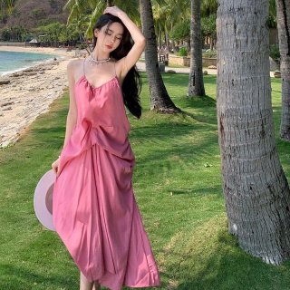 Pink backless halter neck suspender dress, French style summer tea break dress, gorgeous French sexy vacation beach dress.