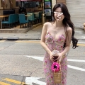 Retro floral lace sexy slip dress for women, spring and summer, waist-cinching, slimming, romantic oil painting style midi dress