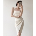 High-end slip dress, new summer style, square neck, French style, fitted waist, elegant and unique, mermaid tail long dress.