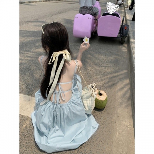 French-style elegant and sexy backless blue halter dress for women, Sanya beach vacation A-line maxi dress