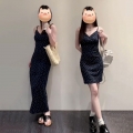 Small floral print navy blue sleeveless dress, elegant Korean style, A-line short V-neck long dress.