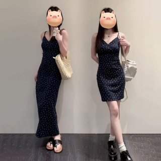 Small floral print navy blue sleeveless dress, elegant Korean style, A-line short V-neck long dress.
