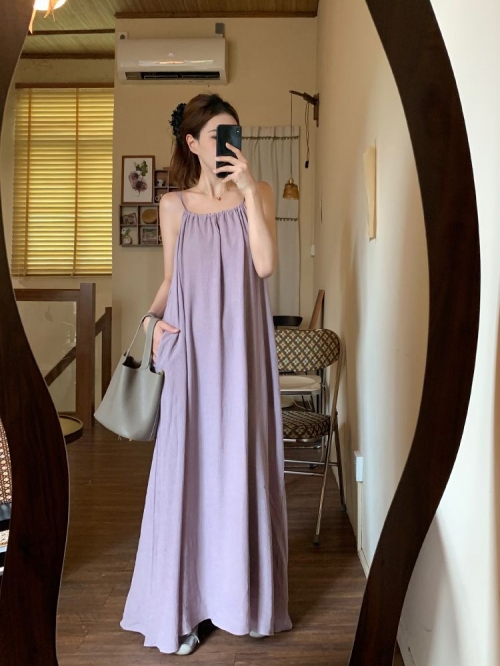 French-style first love gentle purple halter-neck suspender dress, summer women's vacation style, loose and slimming A-line long skirt