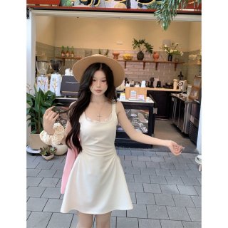 White lace-trimmed slip dress, summer style, French chic, pleated waist, slimming A-line sleeveless mini dress.