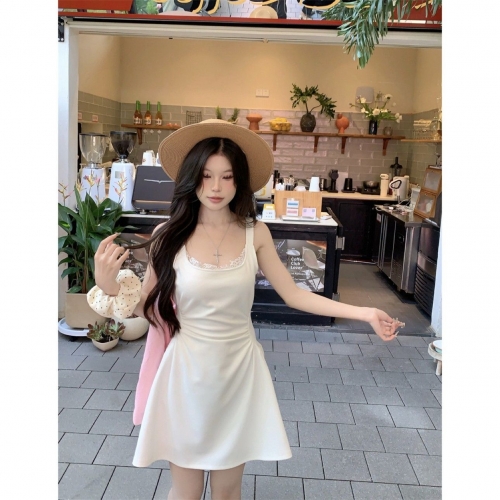 White lace-trimmed slip dress, summer style, French chic, pleated waist, slimming A-line sleeveless mini dress.