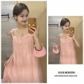 French retro sweet and gentle style elegant slim-fitting pink sleeveless suspender dress for women, knee-length skirt