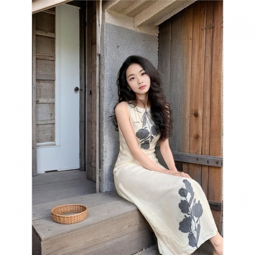 New Chinese style women's retro floral print dress, summer niche design, lazy vacation style vest dress long skirt