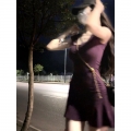 Pure and alluring purple U-neck short-sleeved dress for women, perfect for summer, sexy and flattering, slim-fitting A-line skirt.
