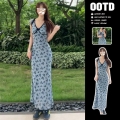 Blue V-neck floral dress, women's summer 2024 new style, French tea dress, petite bodycon dress.