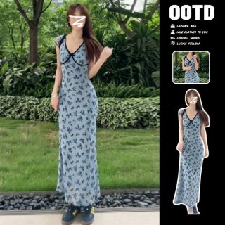 Blue V-neck floral dress, women's summer 2024 new style, French tea dress, petite bodycon dress.