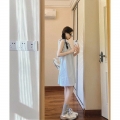 French sweet and fresh blue sleeveless suspender dress for women, new summer style, 2025, straight and short.