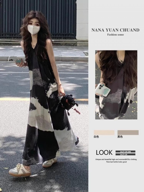 Ink wash color blocking new Chinese retro sleeveless suspender dress summer vacation loose slimming sleeveless V-neck long dress