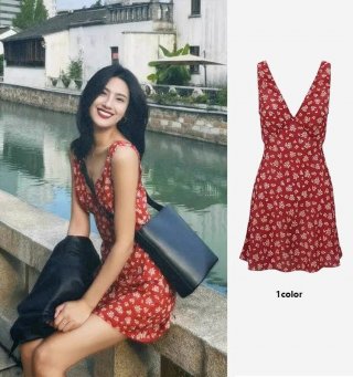 Red retro floral print sundress for women, new summer style, tea-colored, pure and alluring French temperament, V-neck, Hong Kong style short skirt. Red retro floral print sundress for women, new summer style, tea-colored, pure and alluring French temperament, V-neck, Hong Kong style short skirt.