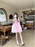 Gentle and youthful design, pink tie-waist dress, women's summer 2025 new style, solid color tulip skirt.