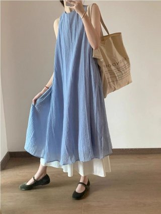 French-style striped textured faux two-piece dress, new summer style, loose fit, slimming, flowing, elegant long dress. French-style striped textured faux two-piece dress, new summer style, loose fit, slimming, flowing, elegant long dress.