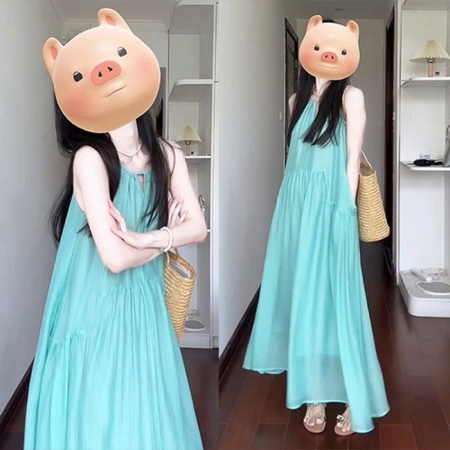 French-style hollowed-out halter dress for women, summer beach vacation style, pleated, relaxed long dress