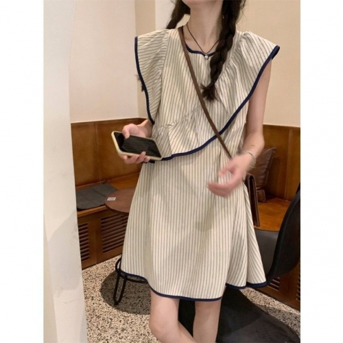 Korean chic striped flutter sleeve asymmetrical sleeveless dress, new summer 2025 style, short style.