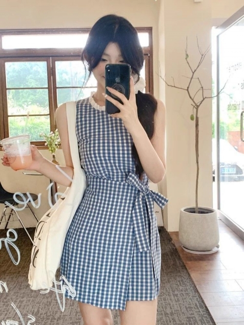 Blue plaid sleeveless dress for women, stylish summer design, tie-up bow, short vest dress, fitted waist.