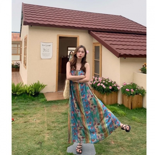 2025 Summer New Retro Floral Sleeveless Long Dress for Petite Figures