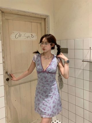 Pure and alluring style, Instagram-worthy short dress for women, summery feel, small flutter sleeves, V-neck, fitted waist, A-line silhouette, floral print with bow. Pure and alluring style, Instagram-worthy short dress for women, summery feel, small flutter sleeves, V-neck, fitted waist, A-line silhouette, floral print with bow.