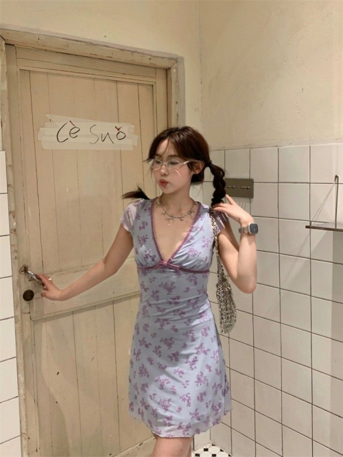 Pure and alluring style, Instagram-worthy short dress for women, summery feel, small flutter sleeves, V-neck, fitted waist, A-line silhouette, floral print with bow. Pure and alluring style, Instagram-worthy short dress for women, summery feel, small flutter sleeves, V-neck, fitted waist, A-line silhouette, floral print with bow.