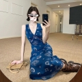 French-style blue floral print sundress for women, new summer 2025 style, perfect for beach vacation.