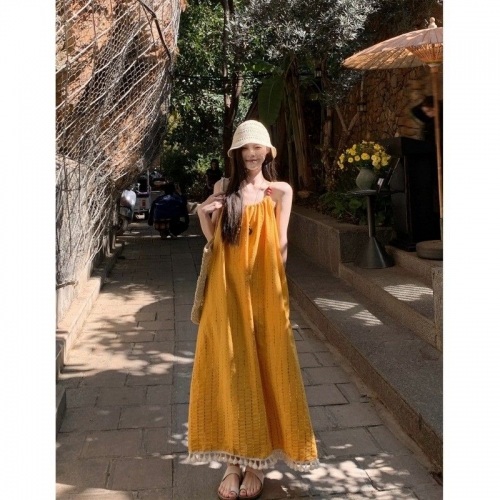 Yellow tassel sundress for women, summer 2025 new style, elegant, loose fit, versatile A-line length.