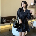 Black polka dot floral print long-sleeved dress for women, autumn 2025 new style, French Hepburn style.