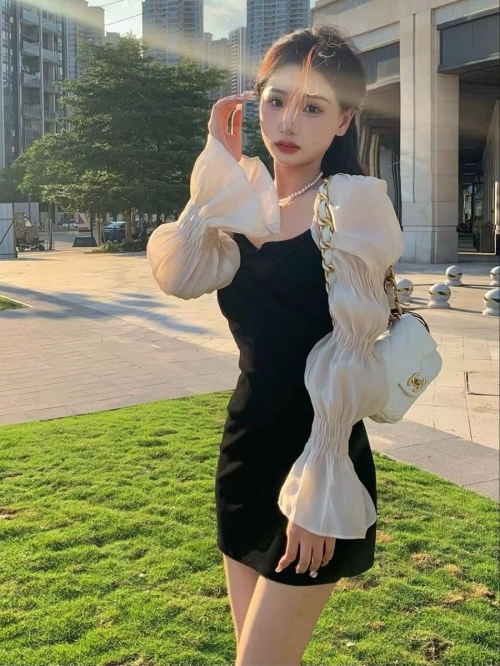 French-style elegant strapless little black dress, luxurious puff sleeve dress, sweet and spicy sexy slimming dress