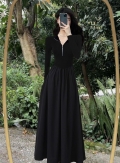 High-end black fitted long-sleeved knit dress for women, new autumn style, slimming, flared skirt, V-neck, waist-cinching dress