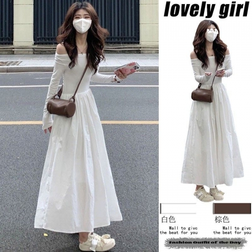 French-style off-the-shoulder long-sleeved white dress, high-quality and elegant, a new early autumn style for 2024.