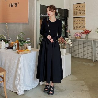 Black patchwork dress for women, autumn 2024 new style, French high-waisted, slimming design, hollowed-out long sleeves.