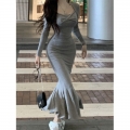 Grey long-sleeved square neck knit dress for women, autumn style, sexy and alluring, fitted waist, bodycon fishtail maxi skirt.
