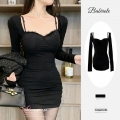 High-end little black dress for women, autumn 2024 new style, bodycon short skirt, long sleeves, figure-flattering, hollowed-out suspender dress