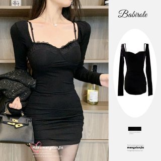 High-end little black dress for women, autumn 2024 new style, bodycon short skirt, long sleeves, figure-flattering, hollowed-out suspender dress