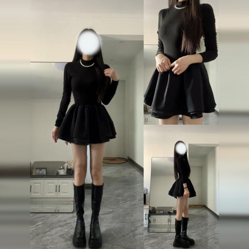 A little black princess dress for women, perfect for autumn and winter, worn under a coat, with a French-style tulle skirt and a fitted waist.